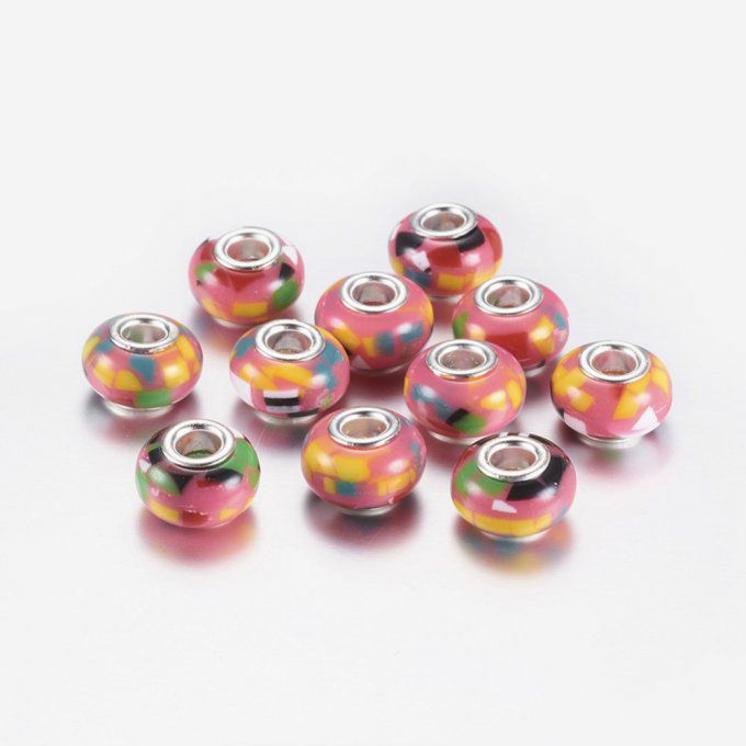 2 Perles Européennes résine  couleur multicolore  motifs roses