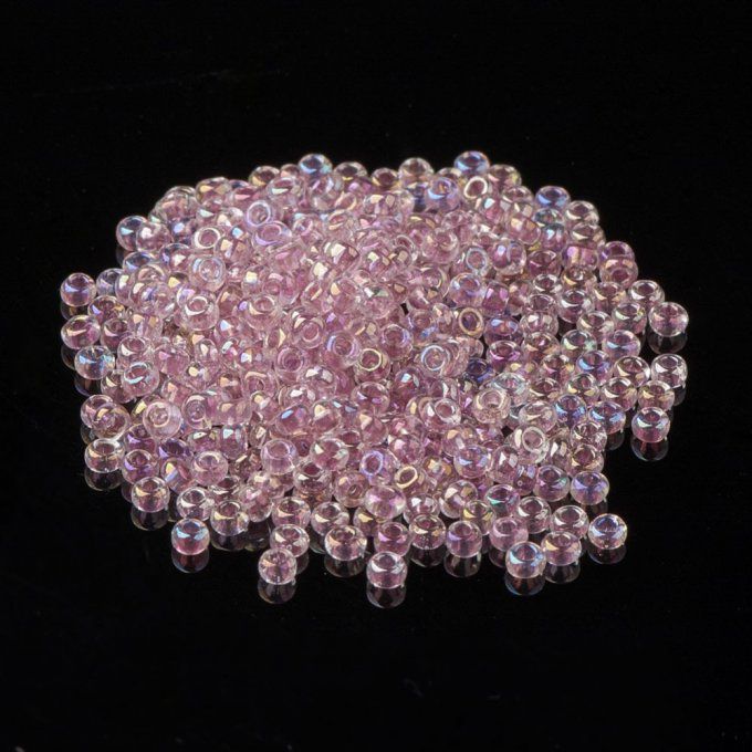 Rocaille ronde transparente  11/0  2.3x1.5mm trou coloré / rose perle  (20g) 