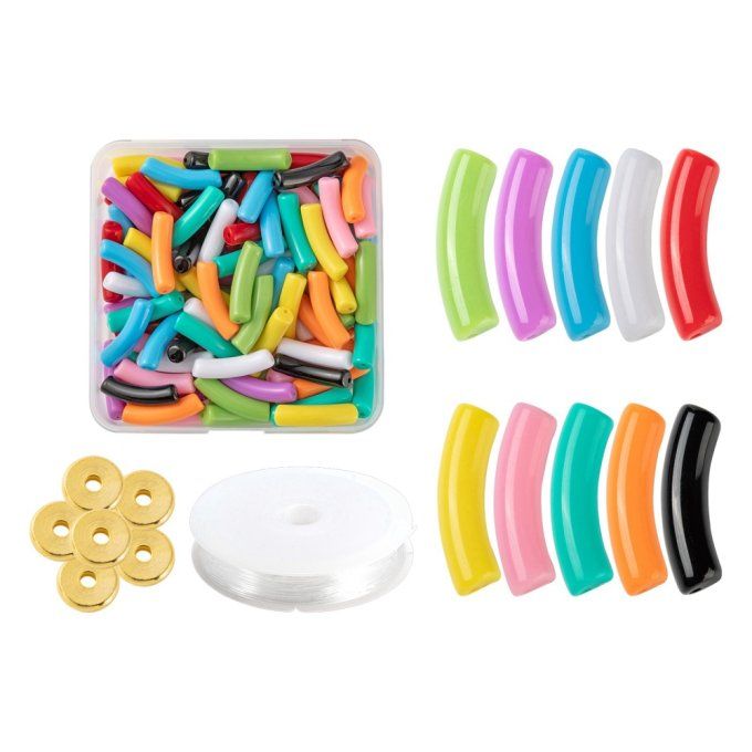 Kit de perles en acrylique  ,en forme de tubes courbés ,mélanges de couleurs