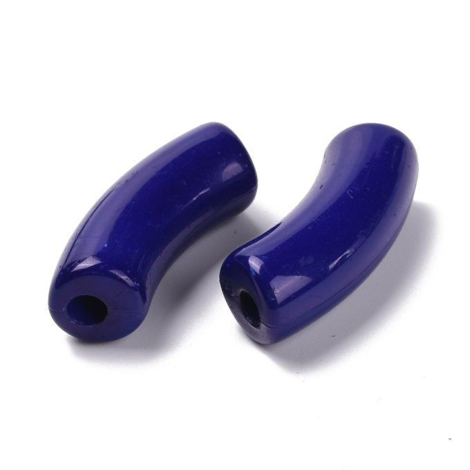Perle acrylique  opaque en forme de tube incurvé  34.5x13x11mm  couleur bleu marine