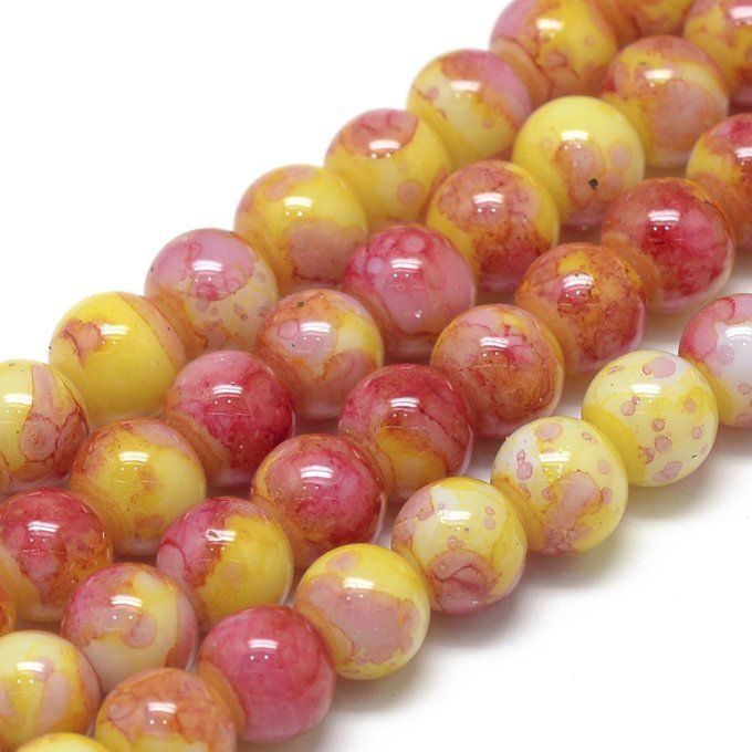 Perles en verre , rondes , colorées , 8-8.5 mm  motif sur fond or (x10)  