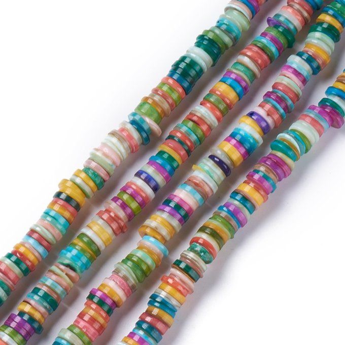 Mélange de perles en coquillage naturel ,8-8.5x1-3mm,rond-plat, mélange de couleurs (1 chapelet)