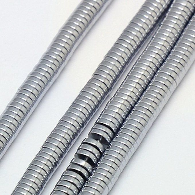 Perles Heishi en hématite (non magnétique) rond plat   3x1mm  platiné grade a  (x1 chapelet) 