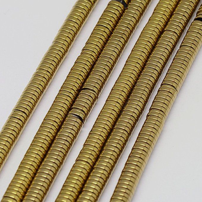 Perles Heishi en hématite (non magnétique) rond plat   4x1mm  plaqué or  (x1 chapelet)