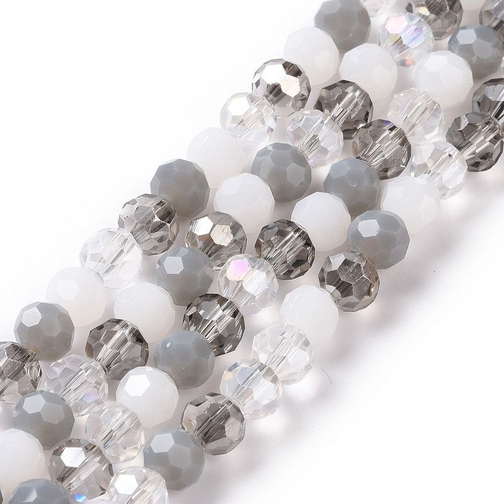 Perles verre facettées ronde, gris  , 5.5-6mm (env 95 perles)   (1 chapelet 9D)