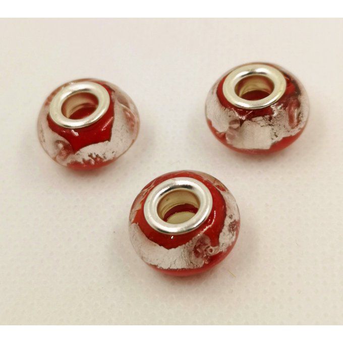 Perle européenne en verre avec feuille d'argent 15mm couleur rouge