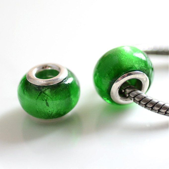 Perle européenne en verre avec feuille d'argent 14mm couleur vert