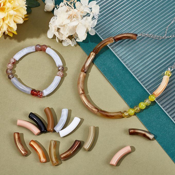 Kit de perles en acrylique  ,en forme de tubes courbés ,mélanges de couleurs  et de styles