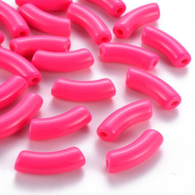Perle acrylique  opaque en forme de tube incurvé  36x13.5x11.5mm  couleur rose vif