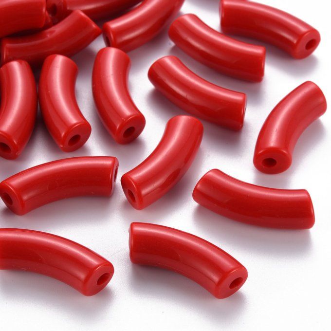 Perle acrylique  opaque en forme de tube incurvé  36x13.5x11.5mm  couleur rouge
