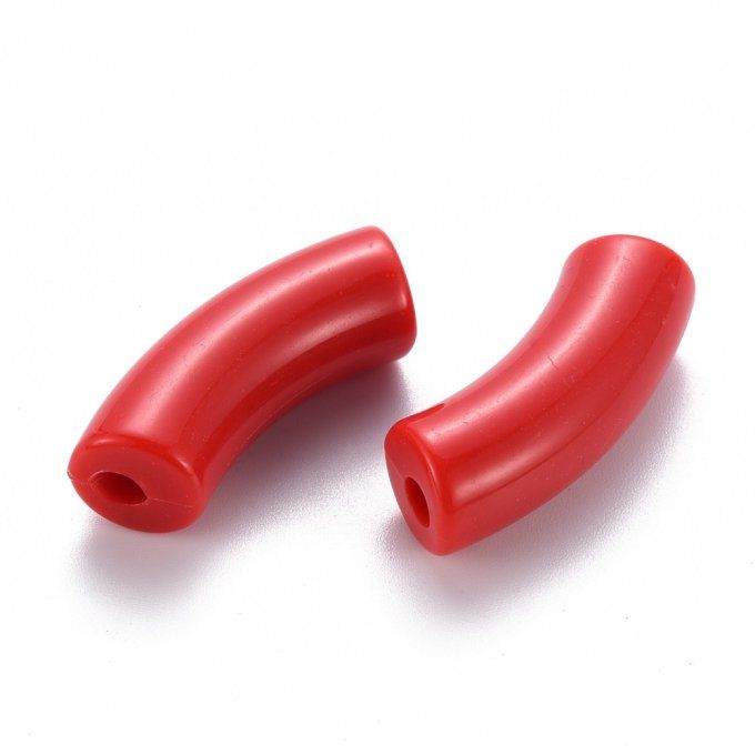 Perle acrylique  opaque en forme de tube incurvé  36x13.5x11.5mm  couleur rouge