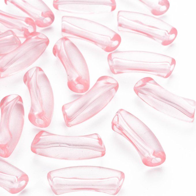 Perle acrylique  transparente en forme de tube incurvé  36x13.5x11.5mm  couleur rose