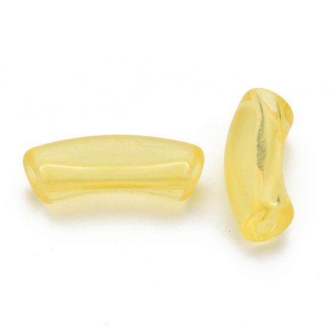 Perle acrylique  transparente en forme de tube incurvé  36x13.5x11.5mm  couleur jaune