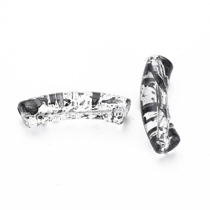 Perle en acrylique transparente en forme de tube incurvé 32x10x8mm motifs peints, noirs