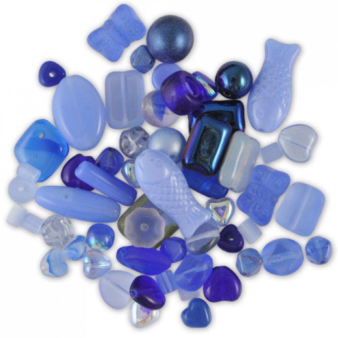 Assortiment de perles en verre moulé de Bohème mélange marine (50g)