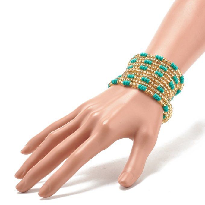 Perles de rocaille sur fil / chaîne de corps  longueur 80cm (x1 ensemble)  turquoise et or