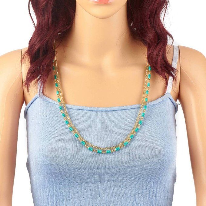 Perles de rocaille sur fil / chaîne de corps  longueur 80cm (x1 ensemble)  turquoise et or