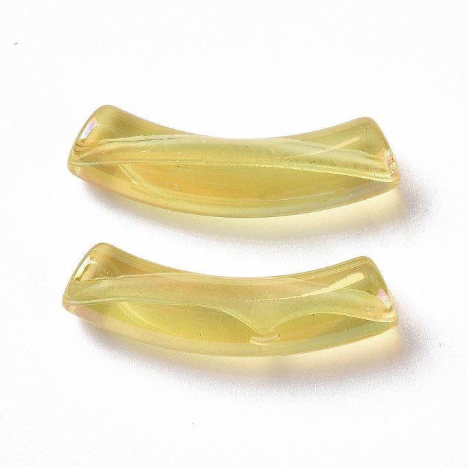 Perle acrylique  en forme de tube incurvé transparent ,effet irisé, 32x10x8mm  jaune