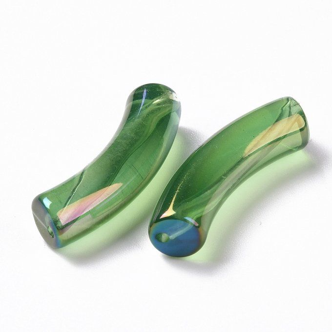 Perle acrylique  en forme de tube incurvé transparent ,effet irisé, 32x10x8mm vert foncé