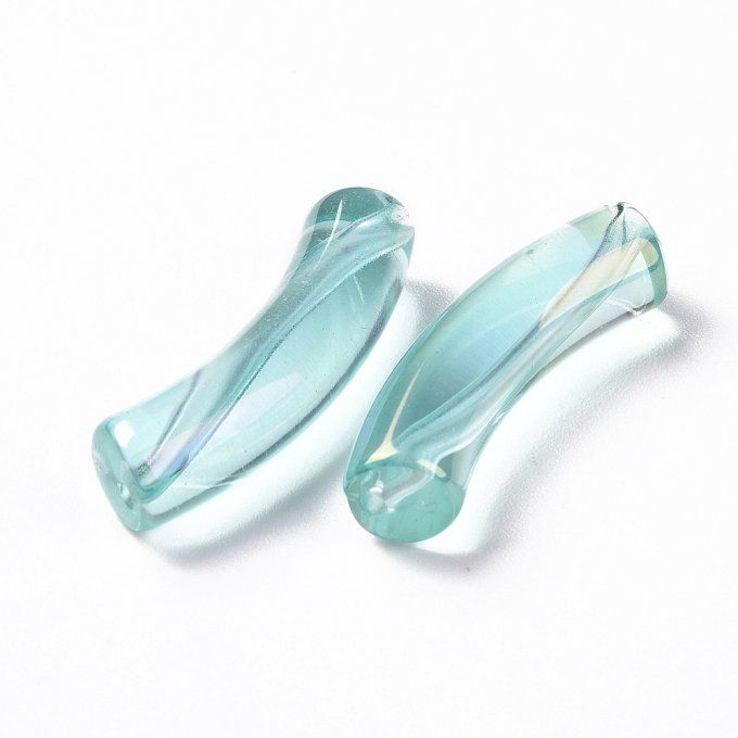 Perle acrylique  en forme de tube incurvé transparent ,effet irisé, 32x10x8mm turquoise