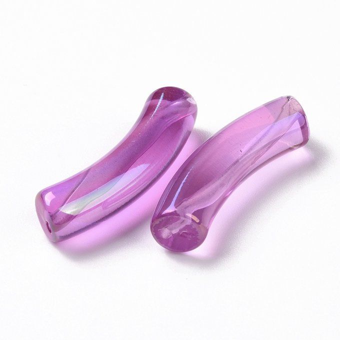 Perle acrylique  en forme de tube incurvé transparent ,effet irisé, 32x10x8mm orchidé