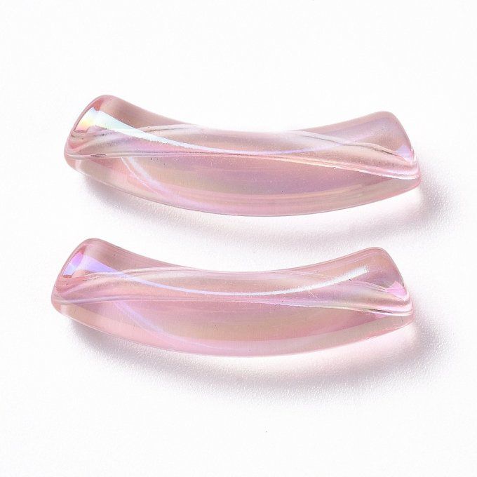 Perle acrylique  en forme de tube incurvé transparent ,effet irisé, 32x10x8mm rose