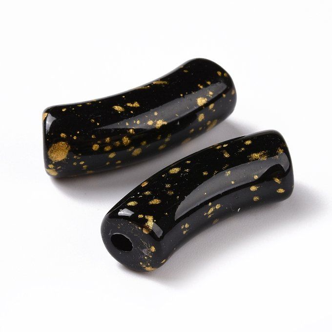 Perle acrylique en forme de tube incurvé opaque ,effet pailleté or ,34.5x13.5x11.5mm couleur noir