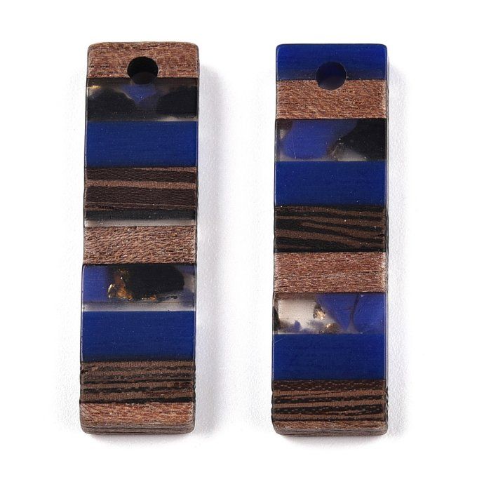 Pendentif ,résine translucide ,bois de noyer,feuille d'or,rectangulaire 29.5x8.5x3.5mm bleu foncé