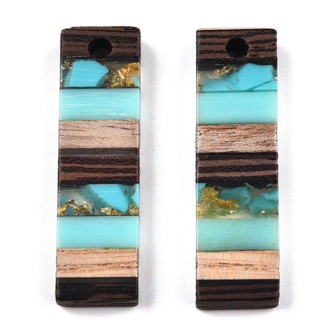 Pendentif ,résine translucide ,bois de noyer,feuille d'or,rectangulaire 29.5x8.5x3.5mm turquoise