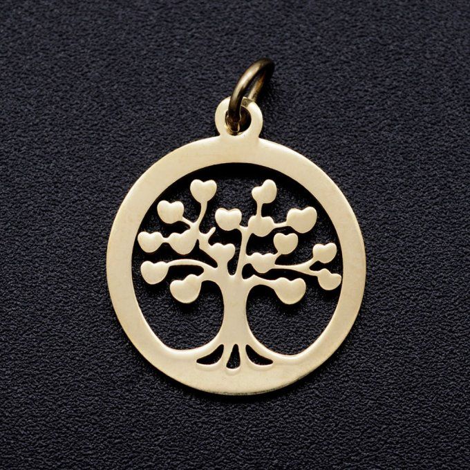 Pendentif en inox 304doré  en forme d'anneau circulaire plat 17x15x1mm avec arbre de vie